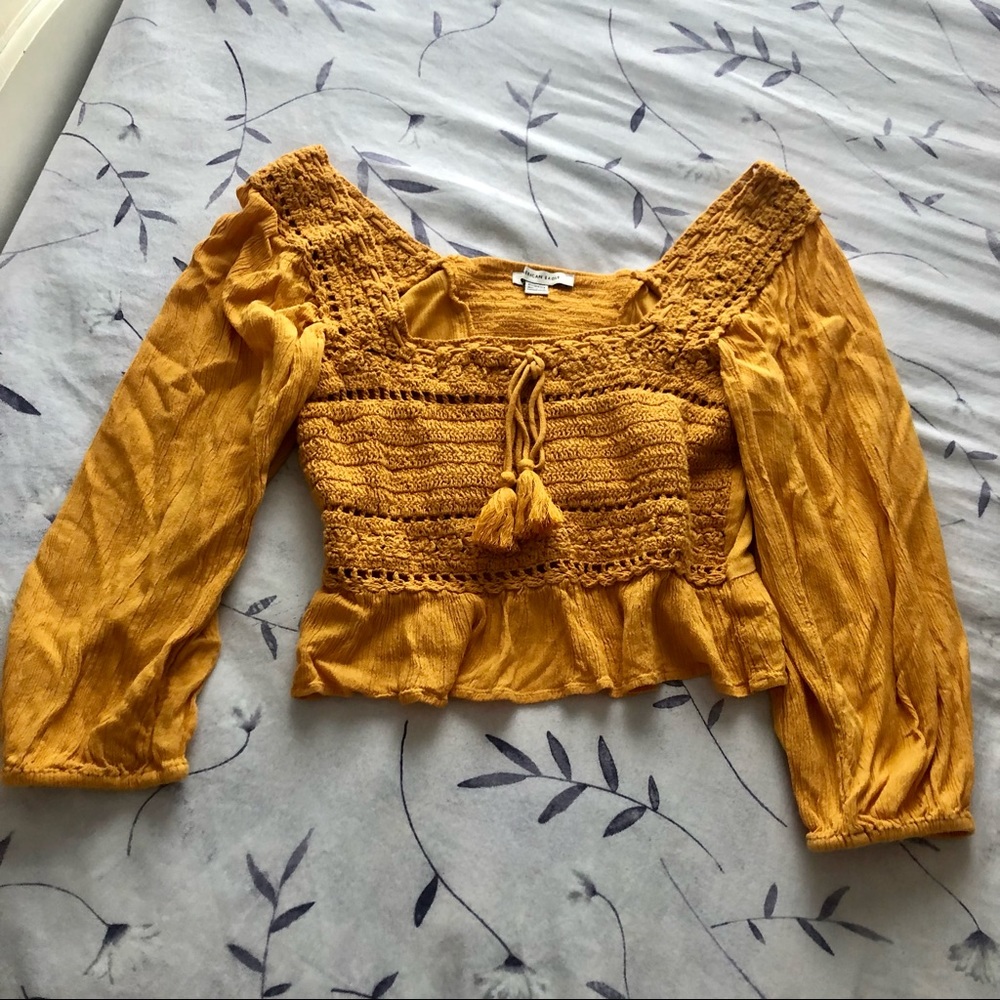 Mustard Yellow American Eagle Crochet Boho Blouse